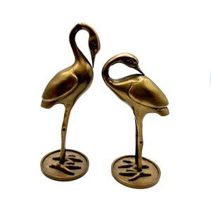 Vintage Brass Crane & Heron Figurine Pair 6.5" & 5.5" Elegant Water Bird Sculptu
